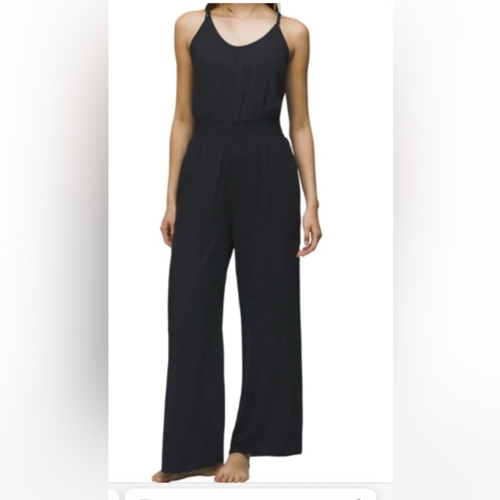 NWT Prana Fernie Wide Leg Black Beachy Crepey Cover Up Jumpsuit Womens Size S - Picture 2 of 13